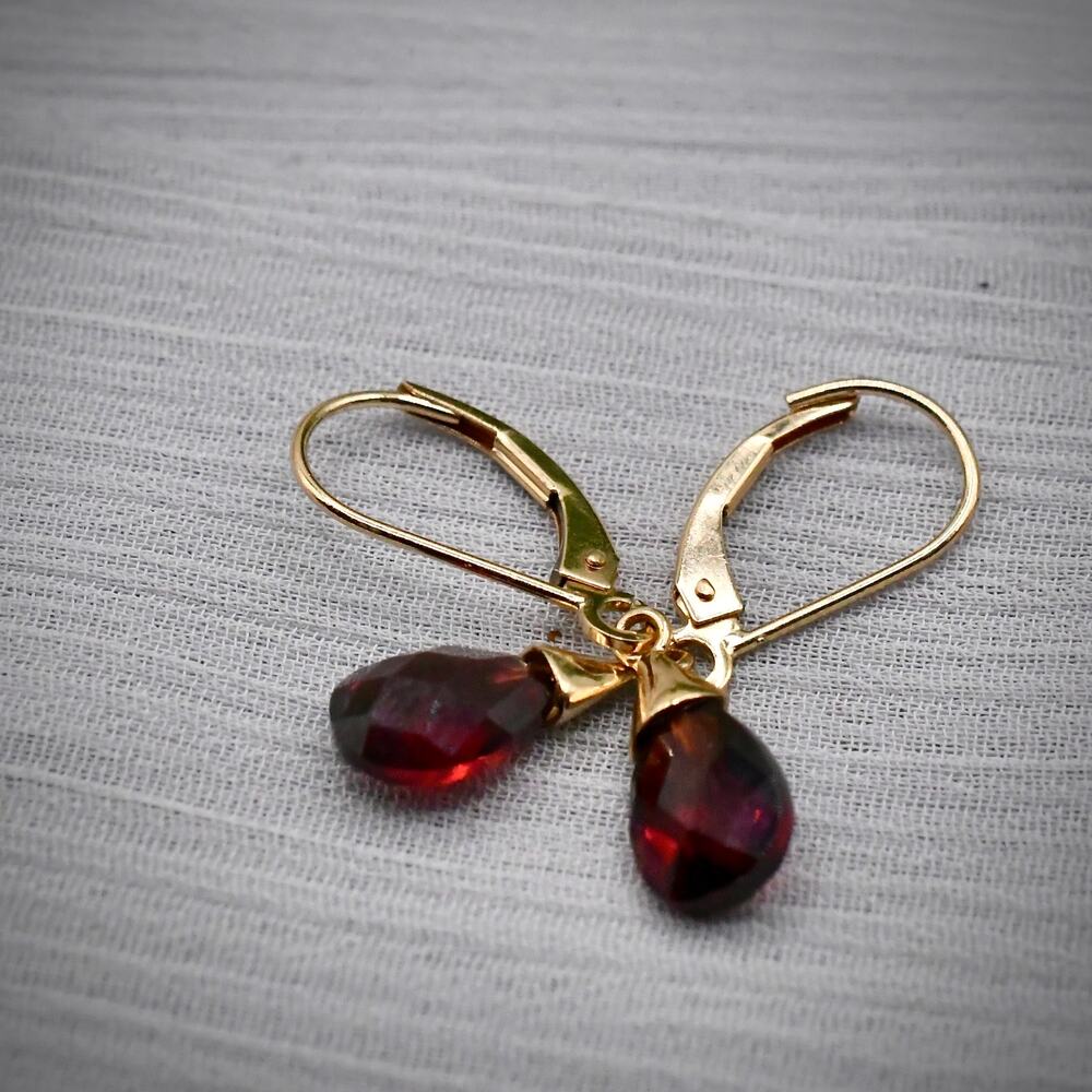 Vintage 14K Yellow Gold Natural Garnet Teardrop Drop Earrings Mexico